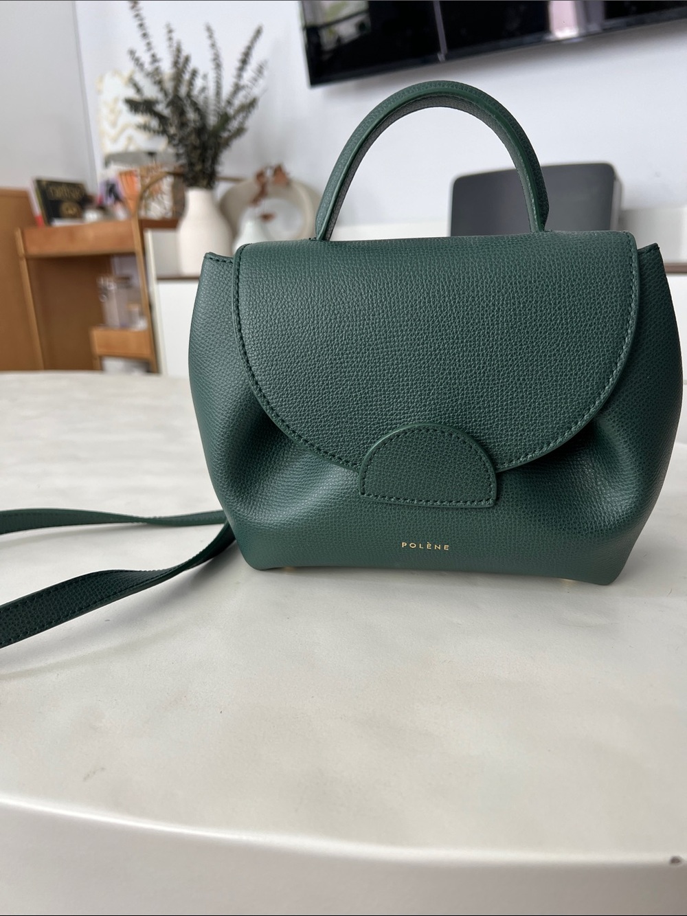 Polène Numéro Un Nano Mini Top Handle Crossbody Bag - Green Textured Leather - Picture 2 of 9